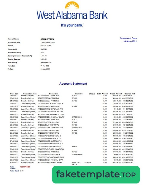 Feature of fake USA West Alabama bank statement